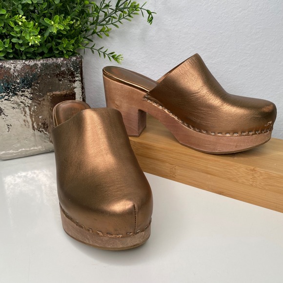 Charlotte Stone Shoes - Charlotte Stone Marlo Clogs Bronze Metallic Leather Wooden Platform Heel Boho 9
